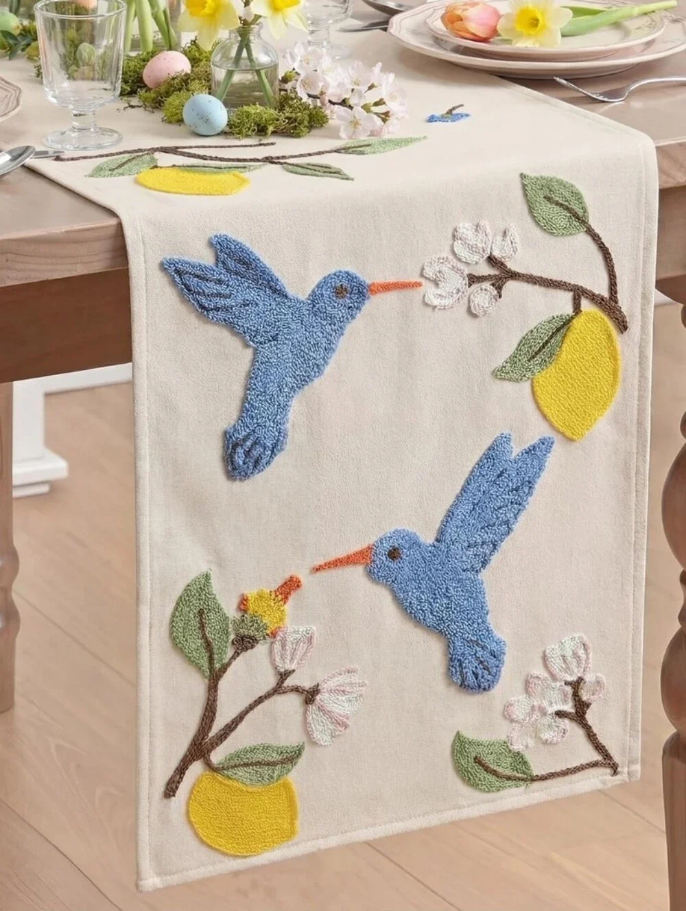Embroidered Hummingbird Table Runner with Lemons - Blue on Cream
